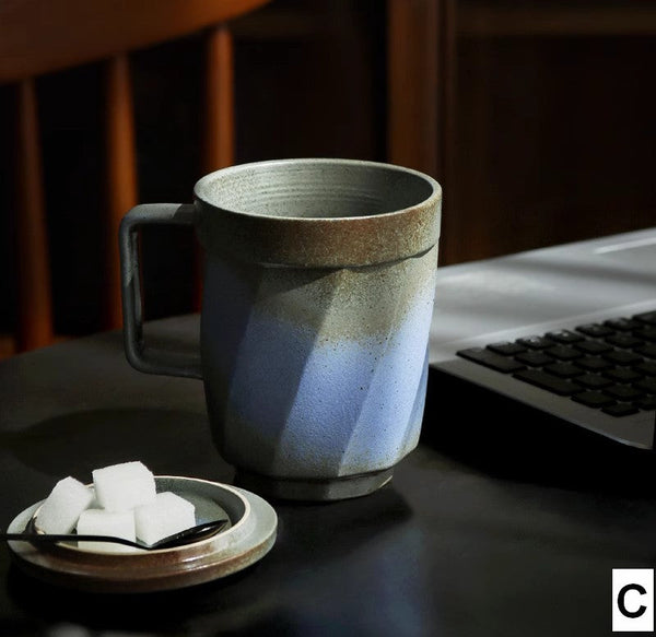 Unique Tea Cup, Large Capacity Coffee Mug with Cover, Large Modern Handmade Pottery Coffee Cup, Creative Brown Green Blue Black Ceramic Coffee Mugs-artworkcanvas