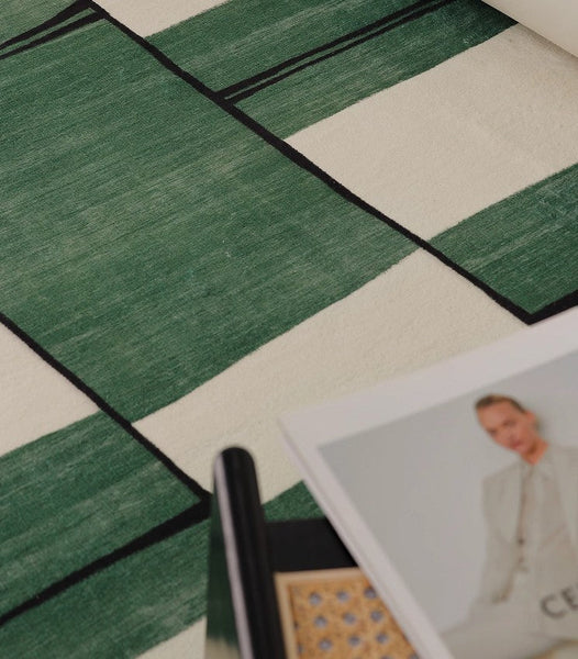 Soft Modern Rugs under Dining Room Table, Contemporary Modern Rugs, Green Geometric Carpets, Abstract Modern Rugs for Living Room-artworkcanvas