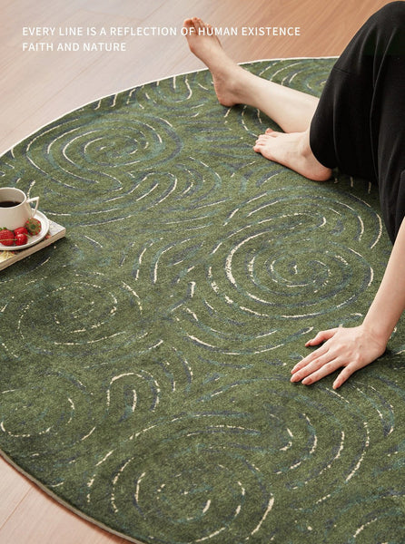 Bedroom Abstract Modern Area Rugs, Green Contemporary Modern Rugs, Geometric Round Rugs for Dining Room, Mid Century Round Modern Rugs under Chairs-artworkcanvas