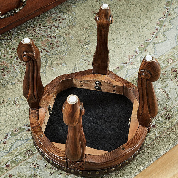 Solid Wood Ottoman, Rubberwood Entry Bench, Vanity Stool, Genuine Leather Solid Wood Entry Bench, Vintage Round Stool-artworkcanvas