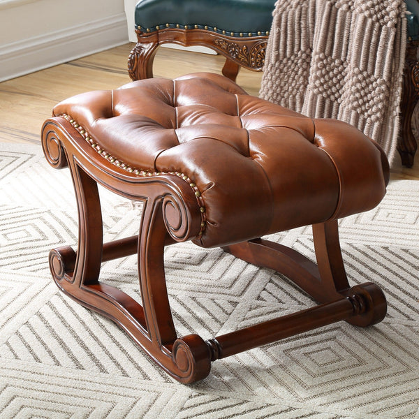 Vintage Leather Stool, Genuine Leather Solid Wood Entry Bench, Cherry Wood Footstool, Long Bench, Vanity Stool, Dressing Table Stool-artworkcanvas