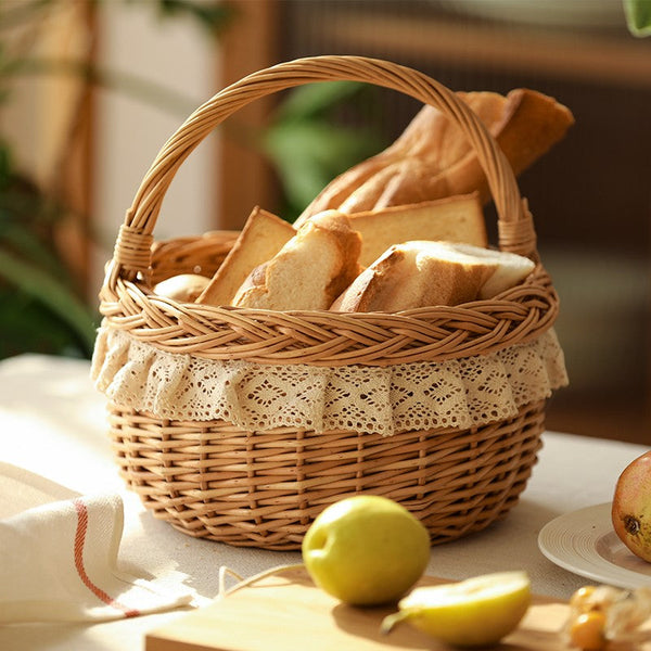 Storage Basket for Shelves, Picnic Storage Basket with Handle, Hand-woven Wicker Storage Basket, Natural Fruit Basket, Willow Weaving Baskets for Kitchen-artworkcanvas