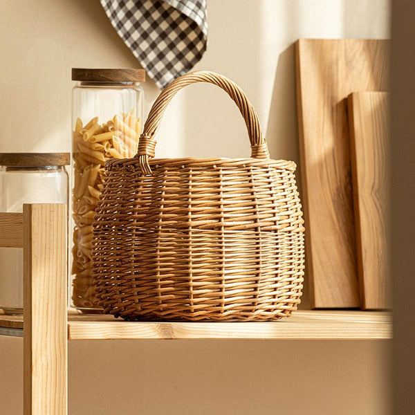 Storage Basket for Kitchen, Picnic Storage Basket with Handle, Hand-woven Wicker Storage Basket, Natural Fruit Basket, Willow Weaving Baskets for Vegetable-artworkcanvas