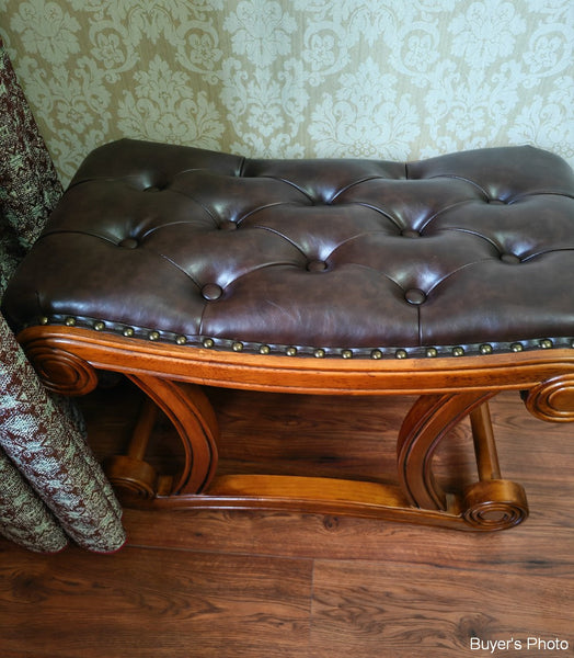 Vintage Leather Stool, Genuine Leather Solid Wood Entry Bench, Cherry Wood Footstool, Long Bench, Vanity Stool, Dressing Table Stool-artworkcanvas