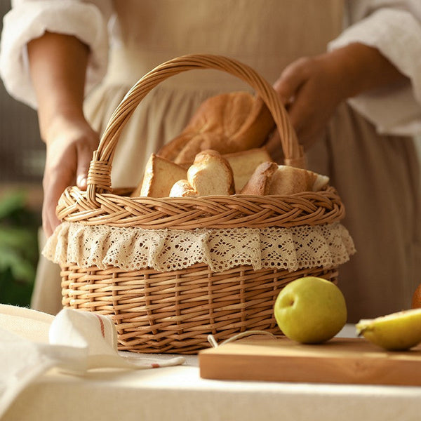 Storage Basket for Shelves, Picnic Storage Basket with Handle, Hand-woven Wicker Storage Basket, Natural Fruit Basket, Willow Weaving Baskets for Kitchen-artworkcanvas