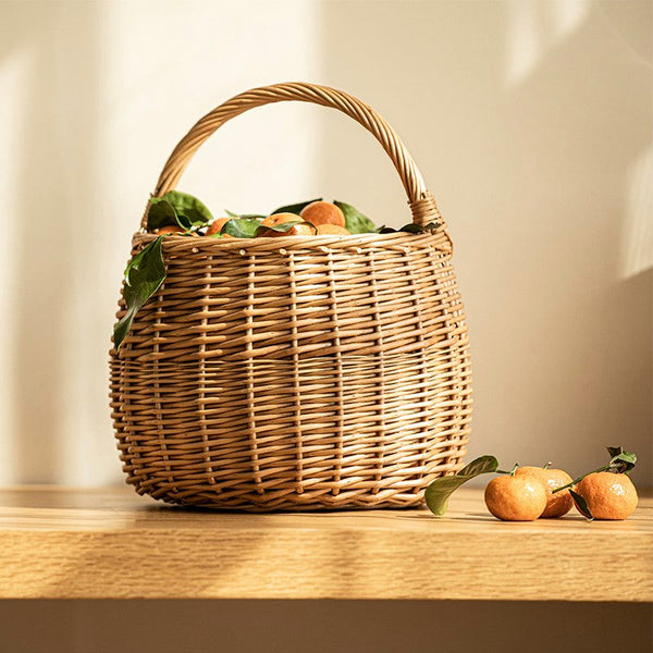 Storage Basket for Kitchen, Picnic Storage Basket with Handle, Hand-woven Wicker Storage Basket, Natural Fruit Basket, Willow Weaving Baskets for Vegetable-artworkcanvas