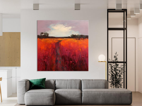 Landscape Canvas Paintings, Acrylic Abstract Art on Canvas, Red Poppy Flower Field Painting, Landscape Acrylic Painting, Living Room Wall Art Paintings-artworkcanvas