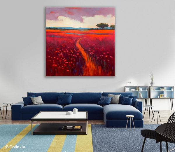 Original Hand Painted Wall Art, Landscape Paintings for Living Room, Abstract Canvas Painting, Abstract Landscape Art, Red Poppy Field Painting-artworkcanvas