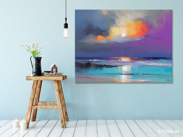 Landscape Painting on Canvas, Hand Painted Canvas Art, Moon Rising from Sea, Contemporary Wall Art Paintings, Extra Large Original Art-artworkcanvas