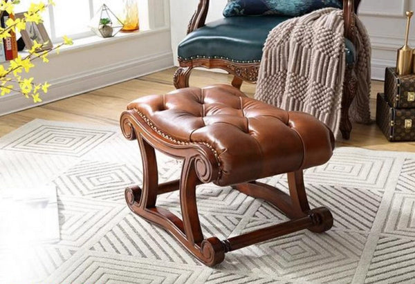 Vintage Leather Stool, Genuine Leather Solid Wood Entry Bench, Cherry Wood Footstool, Long Bench, Vanity Stool, Dressing Table Stool-artworkcanvas