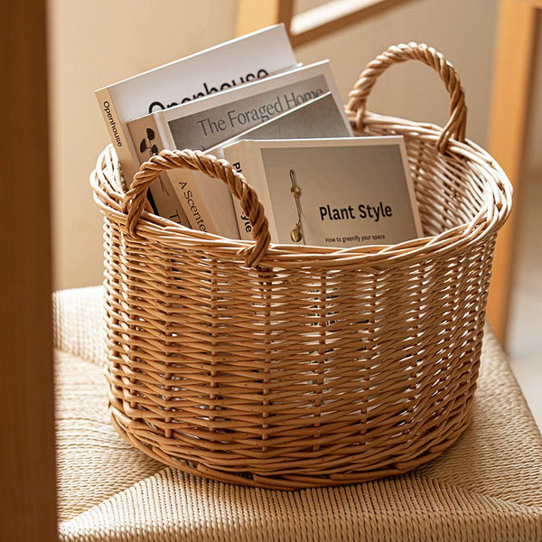 Small Picnic Fruit Basket with Handle, Kitchen Storage Baskets, Natural Hand-woven Wicker Round Storage Basket, Small Willow Weaving Baskets for Vegetable, Natural Fruit Storage Basket-artworkcanvas