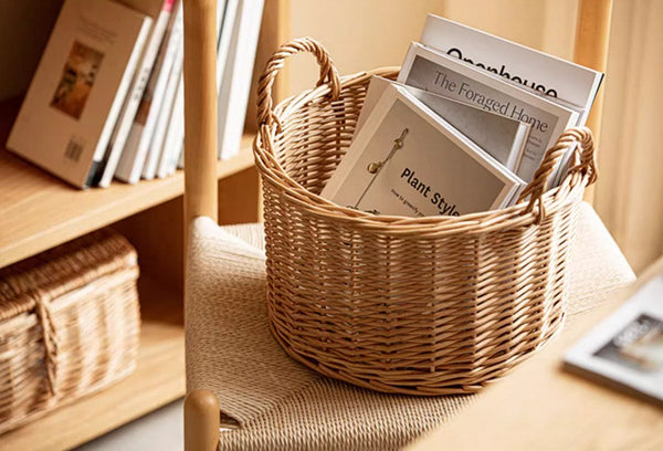 Small Picnic Fruit Basket with Handle, Kitchen Storage Baskets, Natural Hand-woven Wicker Round Storage Basket, Small Willow Weaving Baskets for Vegetable, Natural Fruit Storage Basket-artworkcanvas