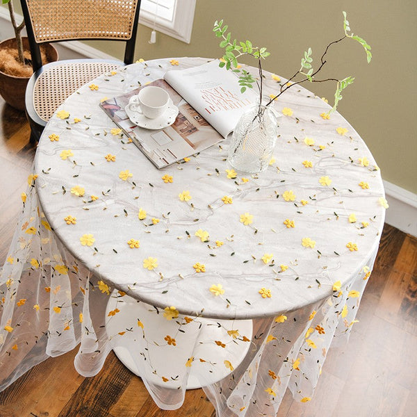 Yellow Flower Lace Tablecloths, Extra Large Rectangular Tablecloth for Oval Table, Lace Embroidered Table Covers, Rectangular Table Covers for Coffee Table-artworkcanvas