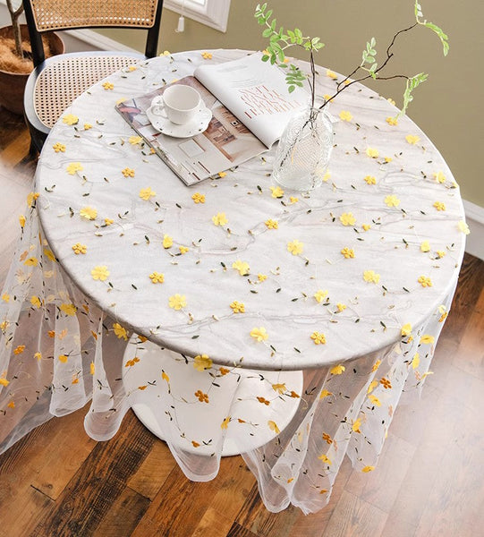 Yellow Flower Lace Tablecloths, Extra Large Rectangular Tablecloth for Oval Table, Lace Embroidered Table Covers, Rectangular Table Covers for Coffee Table-artworkcanvas