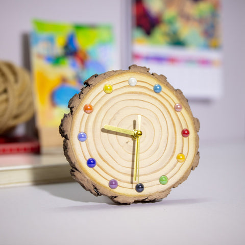 Handcrafted Pine Wood Tabletop Clock with Ceramic Bead Hour Markers | Eco-Friendly Home Decor | Unique Artisanal Design | One of A Kind