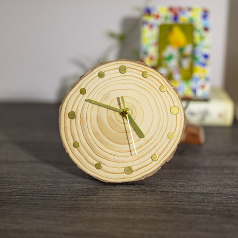 Handcrafted Pine Wood Table Clock with Gold Metal Hour Markers - Eco-Friendly Home Decor - Handmade Pine Wood Dial, Silent Quartz Movement