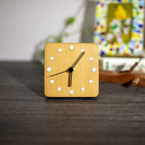 Handcrafted Beechwood Desktop Clock with White Shell Dots Artisan Designed Wooden Table Clock with Elegant Shell Markers - Good Gift Ideas