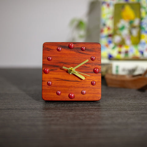 African Padauk Wood Desk Clock - Artisan Crafted Timepiece with Red Ceramic Beads - Unique Home Decor - Thoughtful Gift Option - Silent