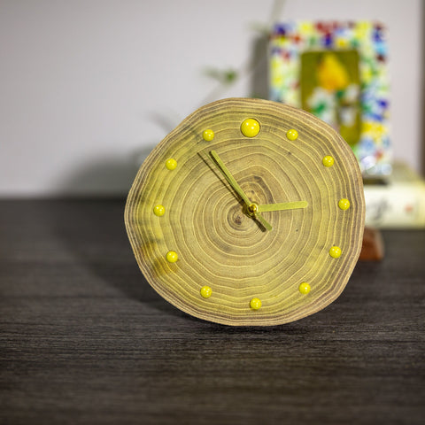 Unique Handcrafted Wooden Clock: Artisan Design with Locust Wood Rings, Yellow Ceramic Beads, and Magnetic Backing - Perfect Gift Home Decor-artworkcanvas