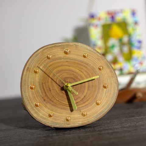 Unique Handcrafted Zelkova Serrata Desktop Clock: Artisan Design, Gold Ceramic Beads, Magnetic Pine Wood Backing, Eco-Friendly-artworkcanvas
