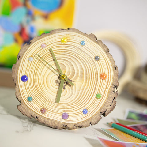 Natural Wood Table Clock with Vibrant Ceramic Hour Markers - Sustainable Home Accent - Unique Handmade Wooden Clock - Artisan Crafted