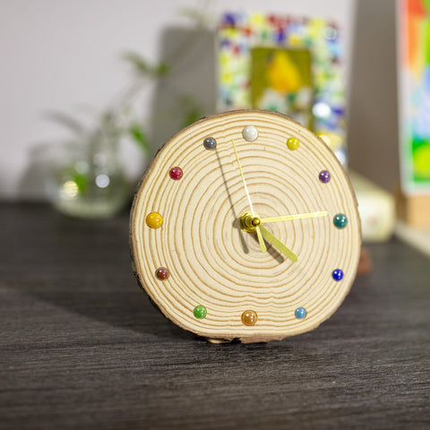 Handcrafted Pine Wood Table Clock with Colorful Ceramic Beads - Unique Home Decor Piece - Silent, Elegant Gift Option - One of A Kind