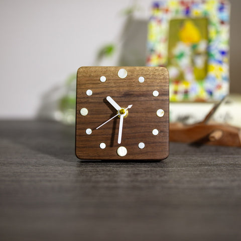 Handcrafted Black Walnut Wood Table Clock with Seashell Hour Markers - Artisan-Made - Modern & Rustic Decor - Perfect Gift Ideas