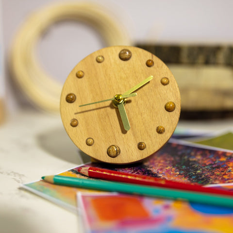 Handmade Beechwood Table Clock with Stone Beads - Elegant Artisan Desktop Clock with Magnetic Backing - Unique Handcrafted - Perfect Gift
