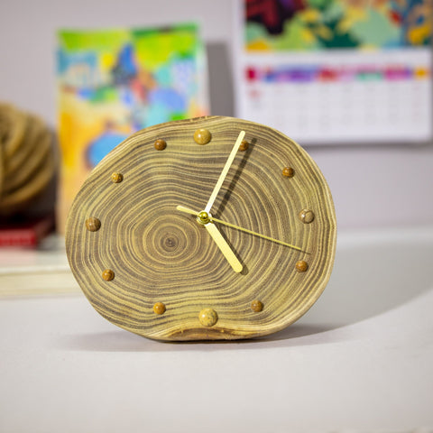 Unique Handcrafted Desktop Clock: Artisan-designed, Locust Wood Dial, Jupiter Stone Beads, Eco-Friendly, Silent Operation, Gift Ready-artworkcanvas