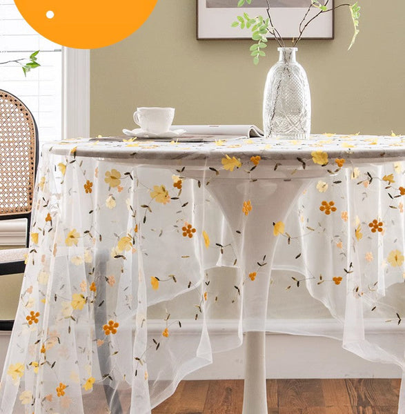 Yellow Flower Lace Tablecloths, Extra Large Rectangular Tablecloth for Oval Table, Lace Embroidered Table Covers, Rectangular Table Covers for Coffee Table-artworkcanvas