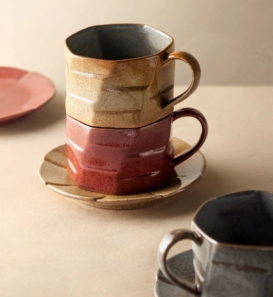 Unique Tea Cup and Saucer, Modern Handmade Pottery Coffee Cup, Creative Ceramic Coffee Cup with Saucer, Tea Cup Set for Afternoon Tea-artworkcanvas