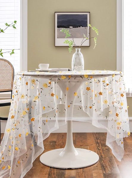 Yellow Flower Lace Tablecloths, Extra Large Rectangular Tablecloth for Oval Table, Lace Embroidered Table Covers, Rectangular Table Covers for Coffee Table-artworkcanvas