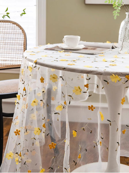 Yellow Flower Lace Tablecloths, Extra Large Rectangular Tablecloth for Oval Table, Lace Embroidered Table Covers, Rectangular Table Covers for Coffee Table-artworkcanvas