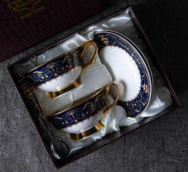 Unique Blue Tea Cup and Saucer in Gift Box, Blue Bone China Porcelain Tea Cup Set, Royal Ceramic Cups, Elegant Ceramic Coffee Cups-artworkcanvas