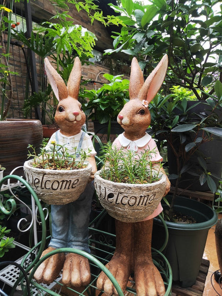 Garden Courtyard Ornament Ideas, Large Rabbit Lovers Statue for Garden, Bunny Flowerpot, Villa Outdoor Decor Gardening Ideas, Small Garden Design Ideas-artworkcanvas