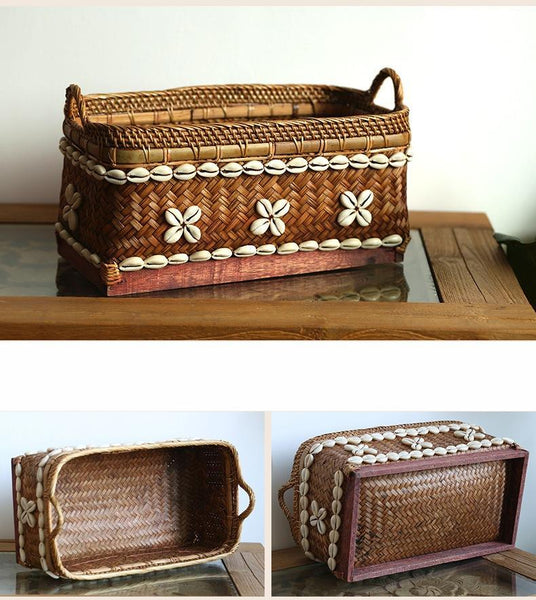 Indonesia Hand Woven Storage Basket, Natural Bamboo and Sea Shell Baskets-artworkcanvas