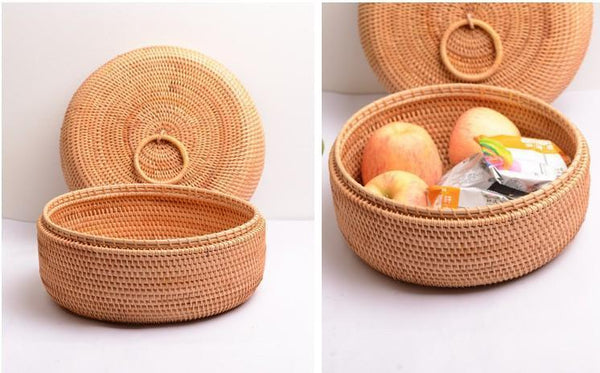 Rattan Basket, Storage Basket with Lid, Woven Basket for Kitchen, Storage Basket for Dining Room, Round Storage Basket-artworkcanvas