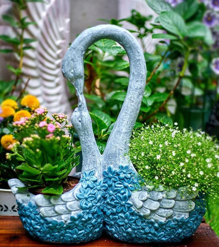Large Mother and Baby Swans for Garden, Swan Flowerpot, Animal