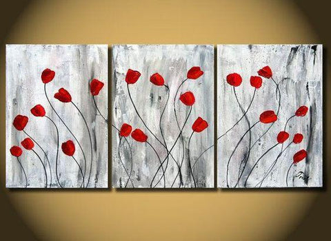 Red Poppy Flower Paintings, Acrylic Flower Painting, 3 Piece Painting, Modern Wall Art Painting-artworkcanvas