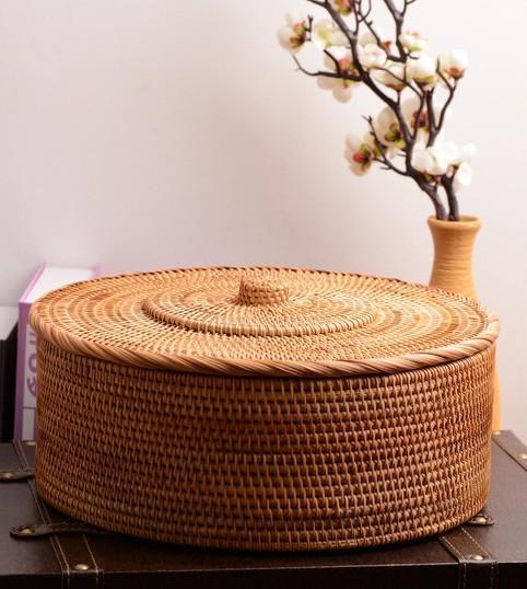 Woven Storage Basket with Lid, Large Rattan Storage Basket, Woven Round Basket for Kitchen-artworkcanvas