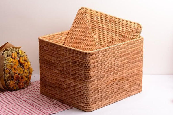 Large Storage Basket for Living Room, Storage Basket for Clothes, Woven Rattan Storage Baskets, Rectangular Storage Basket, Storage Basket with Lid-artworkcanvas