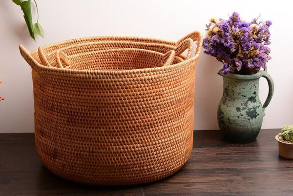 Wicker Woven Storage Baskets, Kitchen Storage Baskets, Rattan Storage Basket, Round Storage Basket for Bathroom-artworkcanvas