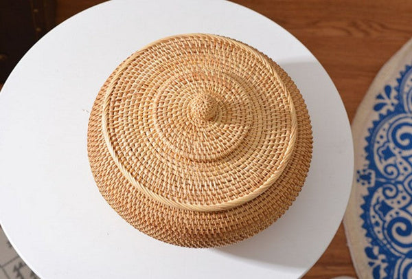 Woven Storage Basket for Kitchen, Round Storage Basket, Rattan Baskets, Small Storage Baskets, Handmade Storage Baskets, Round Storage Basket with Lid-artworkcanvas