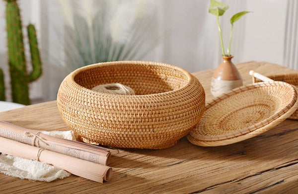 Woven Storage Basket for Kitchen, Round Storage Basket, Rattan Baskets, Small Storage Baskets, Handmade Storage Baskets, Round Storage Basket with Lid-artworkcanvas