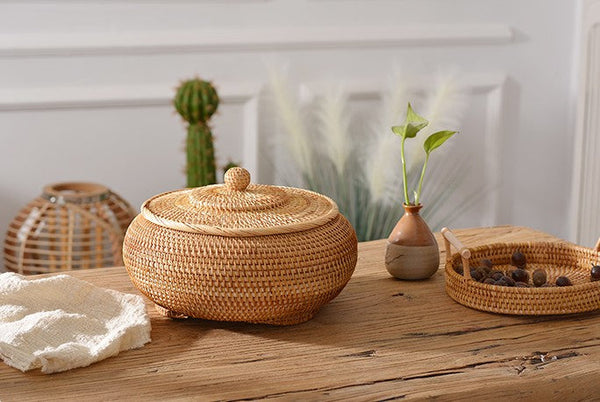 Woven Storage Basket for Kitchen, Round Storage Basket, Rattan Baskets, Small Storage Baskets, Handmade Storage Baskets, Round Storage Basket with Lid-artworkcanvas