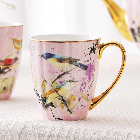 Elegant Pink Ceramic Coffee Mug, Beautiful Bird Flower Ceramic Mug, Large Creative Bone China Porcelain Mug, Large Capacity Ceramic Mugs for Office-artworkcanvas