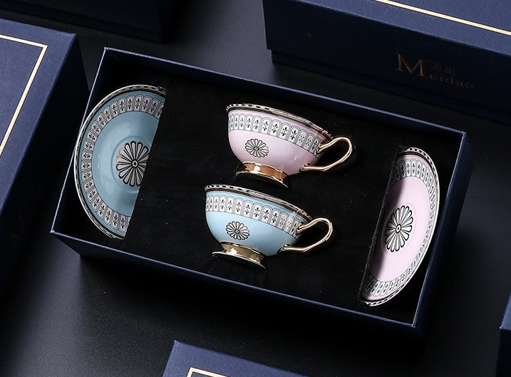 Royal Blue and Pink Bone China Porcelain Tea Cup Set, Tea Cups and Saucers in Gift Box, Elegant Ceramic Coffee Cups, Beautiful British Tea Cups-artworkcanvas