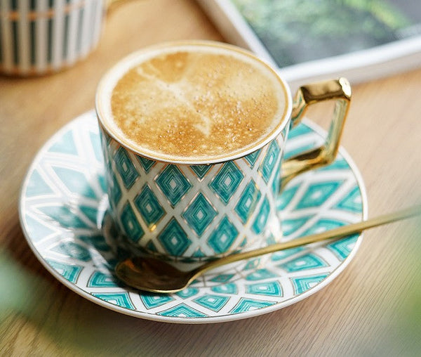 Afternoon Green British Tea Cups, Unique Ceramic Coffee Cups, Creative Bone China Porcelain Tea Cup Set, Traditional English Tea Cups and Saucers-artworkcanvas