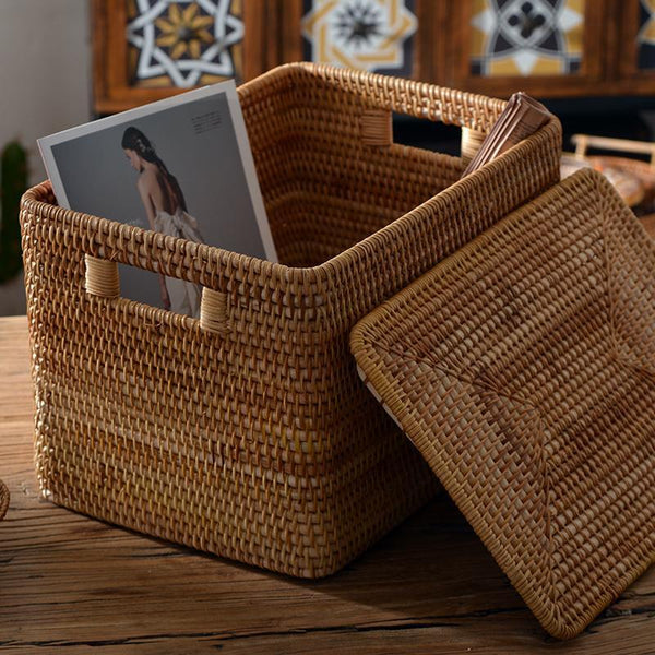 Wicker Rattan Storage Basket for Shelves, Storage Baskets for Bedroom, Rectangular Storage Basket with Lid, Pantry Storage Baskets-artworkcanvas
