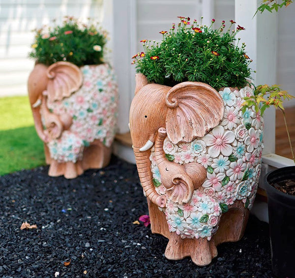 Unique Animal Statue for Garden Ornaments, Beautiful Elephant Flowerpot, Modern Garden Flower Pot, Resin Statue for Garden, Villa Outdoor Decor Gardening Ideas-artworkcanvas